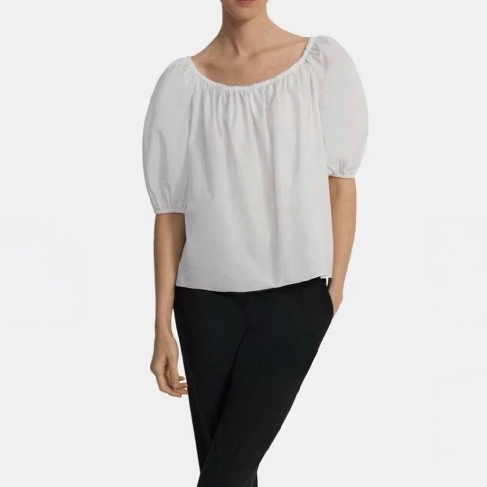 THEORY White Scoop Neck Puff Sleeve Shirt Sz L